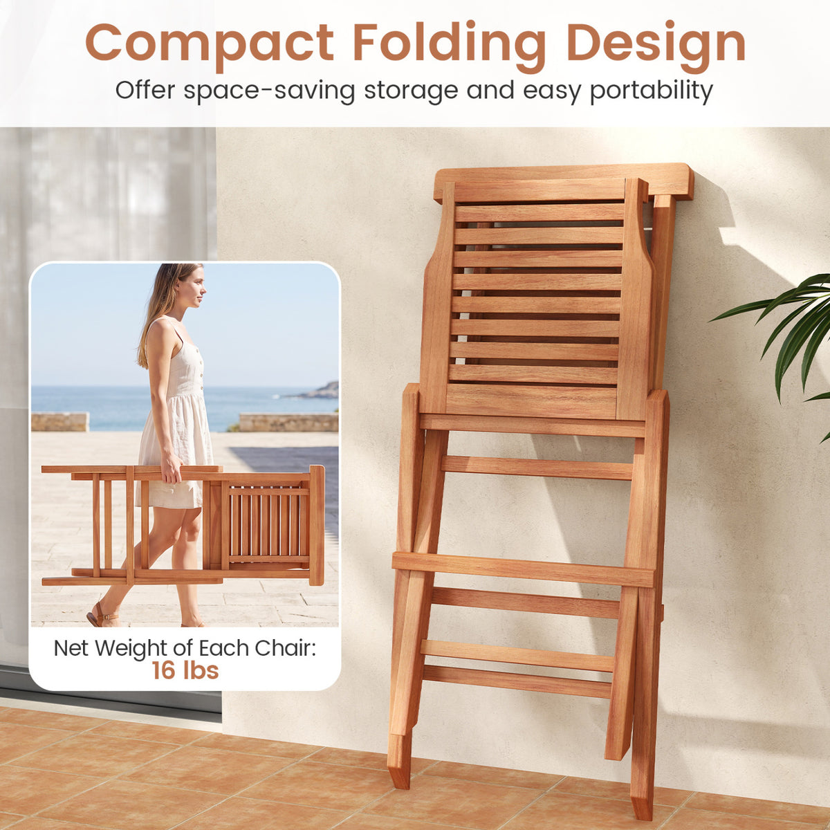 Teak Wood Folding Patio Chairs Set of 2 with X-Support & High Backrest for Backyard view 9