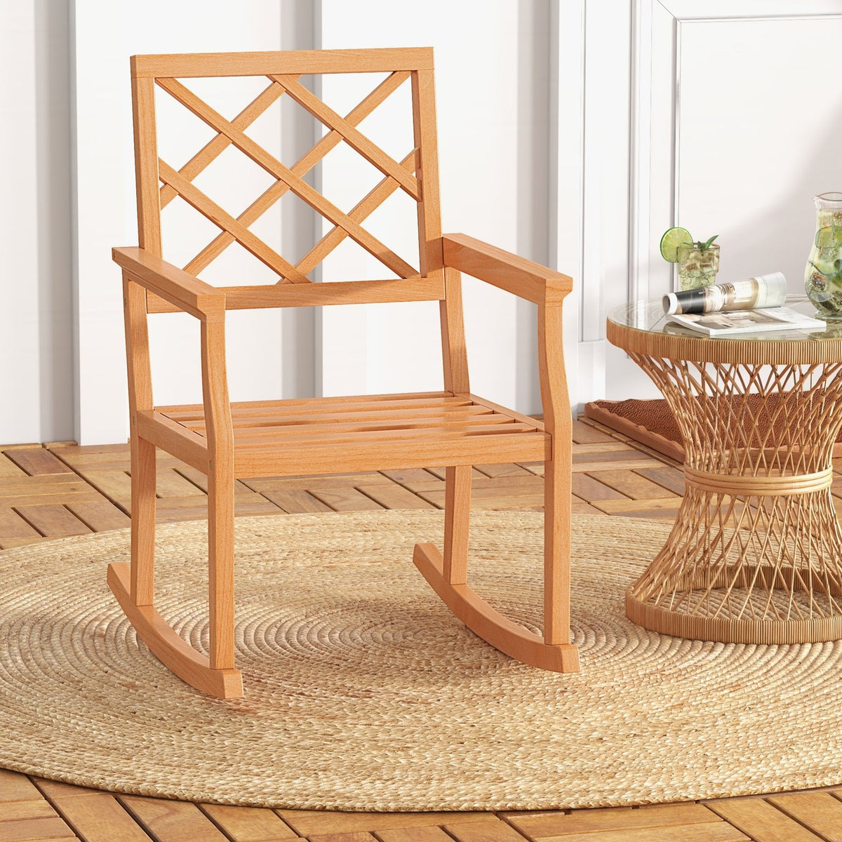 Teak Wood Rocking Chair Oversized Porch Rocker with Backrest and Slatted Seat view 2