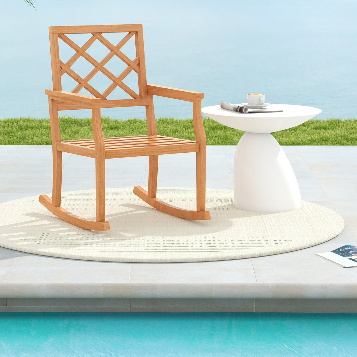 Teak Wood Rocking Chair Oversized Porch Rocker with Backrest and Slatted Seat view 3