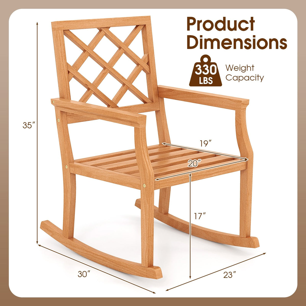 Teak Wood Rocking Chair Oversized Porch Rocker with Backrest and Slatted Seat view 4