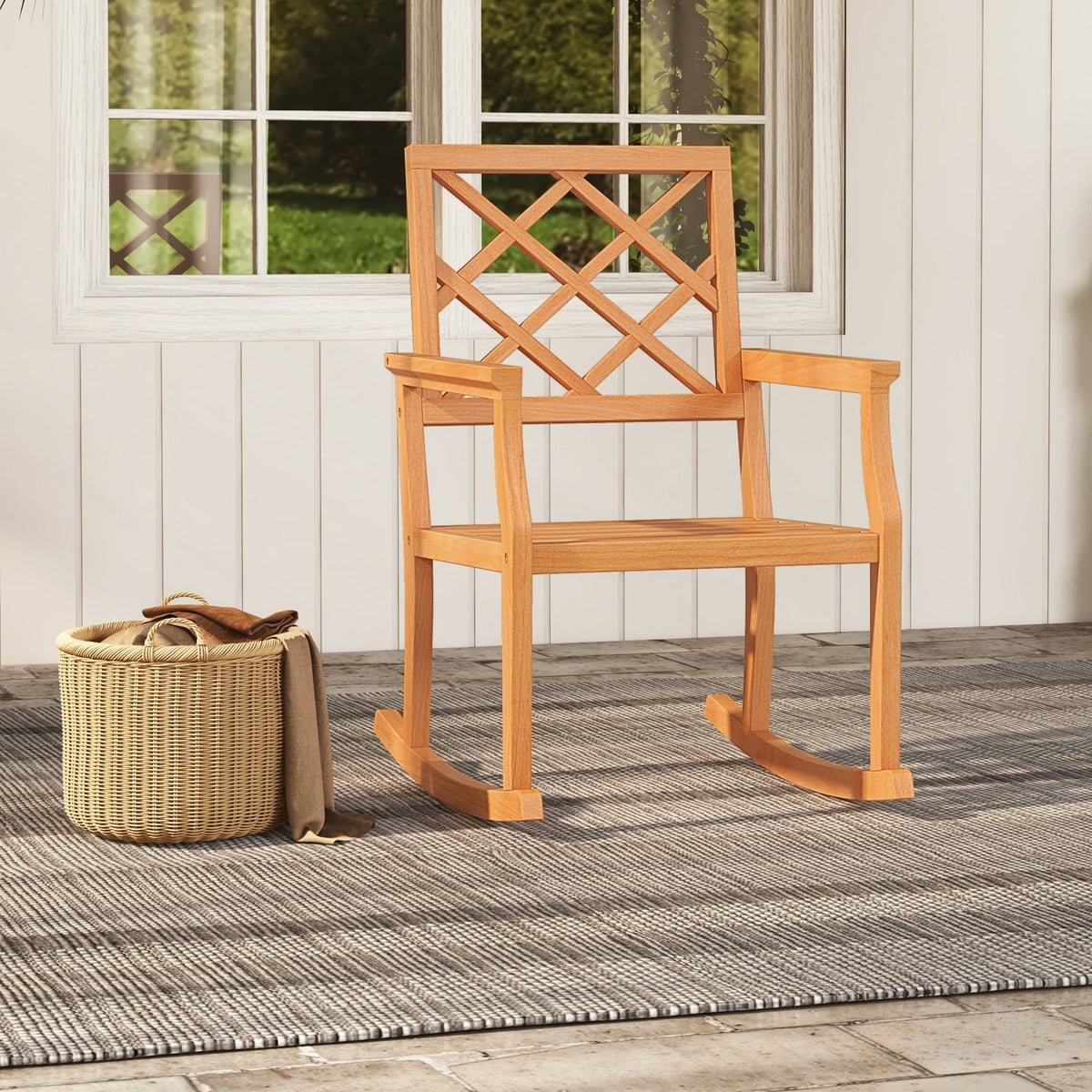 Teak Wood Rocking Chair Oversized Porch Rocker with Backrest and Slatted Seat view 5
