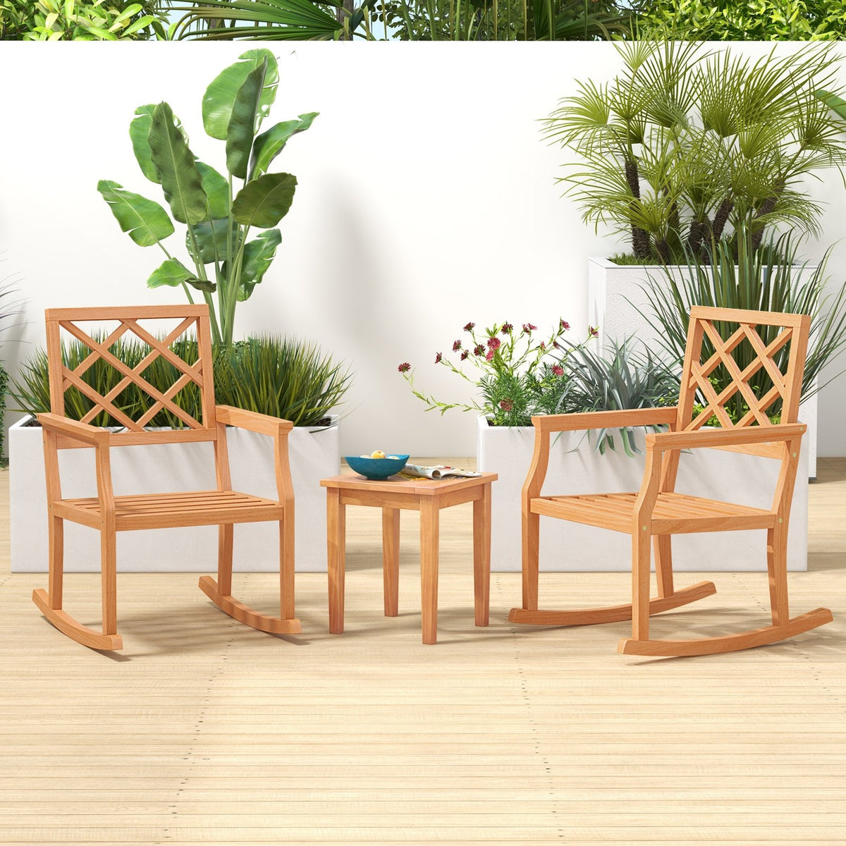 Teak Wood Rocking Chair Oversized Porch Rocker with Backrest and Slatted Seat view 6