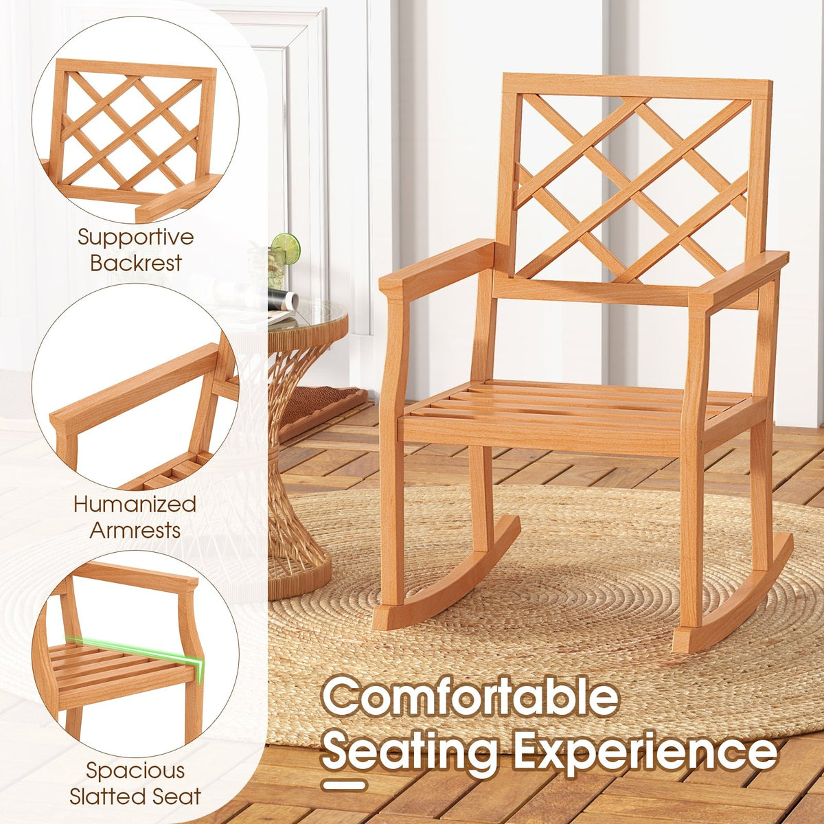 Teak Wood Rocking Chair Oversized Porch Rocker with Backrest and Slatted Seat view 8