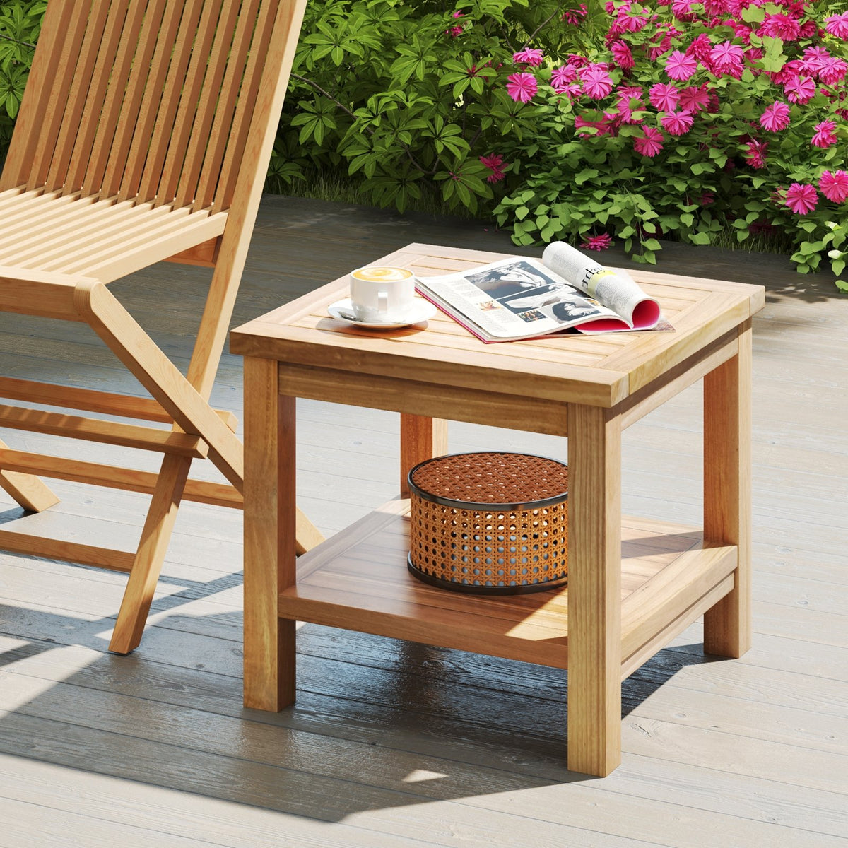 Teak Wood Square Side Table with Open Shelf for Small Space view 2