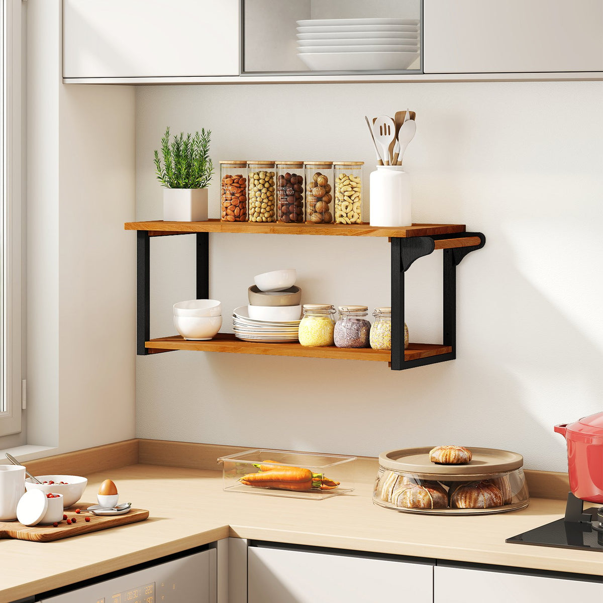 Teak Wood Wall Mounted Floating Shelves with Towel Bar view 2