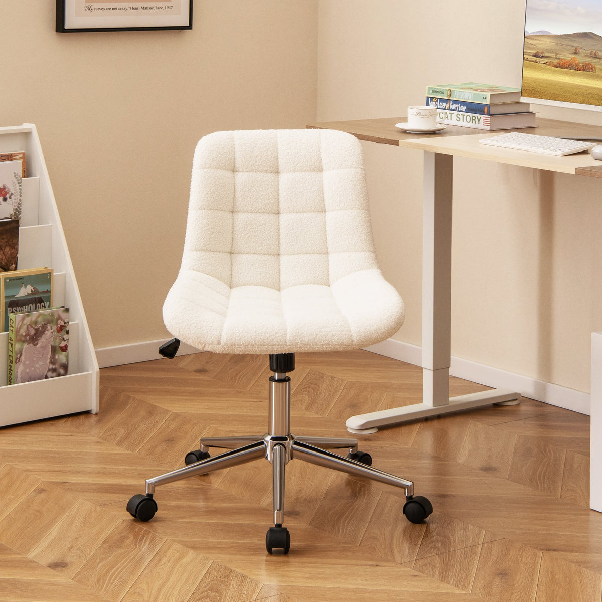 Teddy Fleece Armless Office Chair Makeup Vanity Chair-White view 2