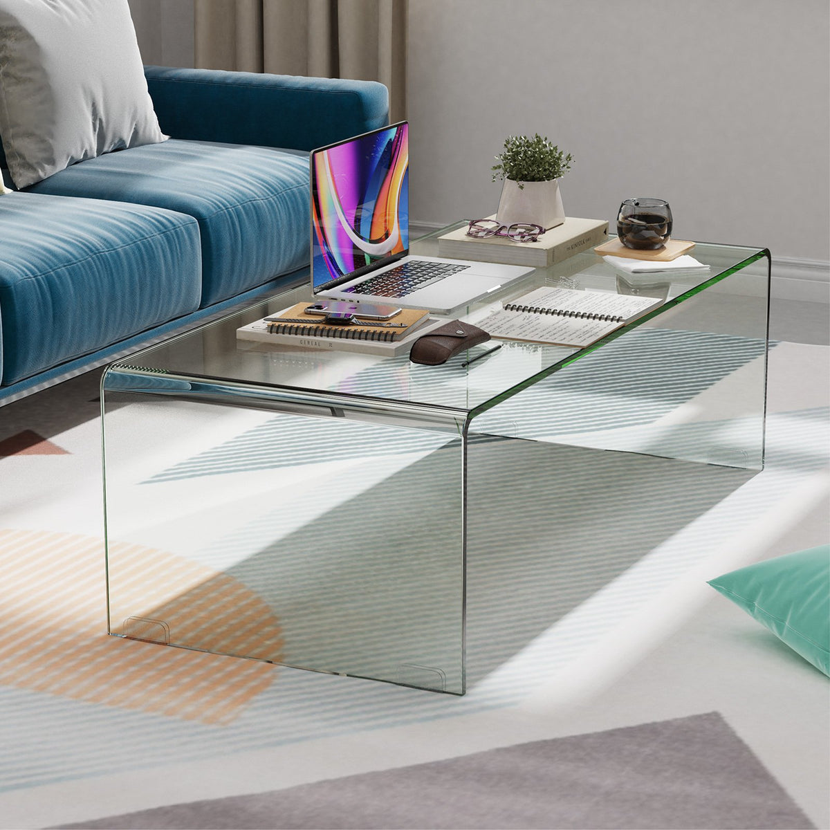 40 x 19.5 x 13.5 Inch Glass Coffee Table with Rounded Edges for Living Room view 3