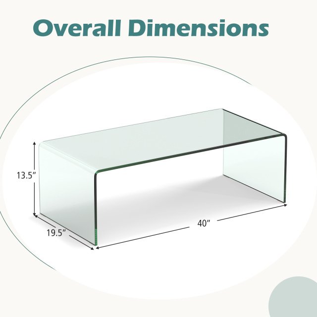 40 x 19.5 x 13.5 Inch Glass Coffee Table with Rounded Edges for Living Room view 5