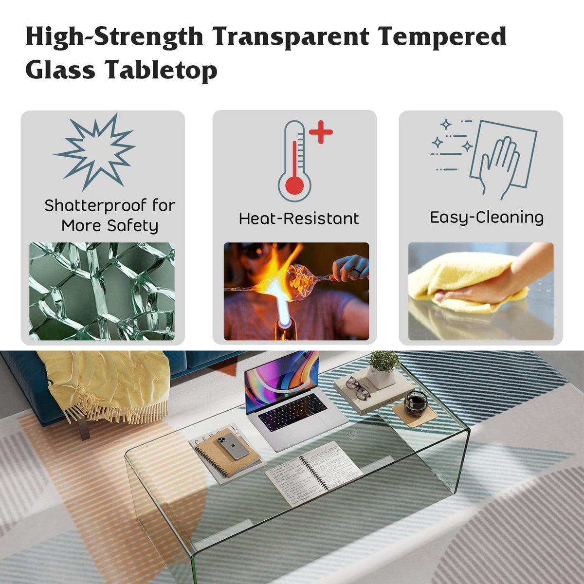 40 x 19.5 x 13.5 Inch Glass Coffee Table with Rounded Edges for Living Room view 7