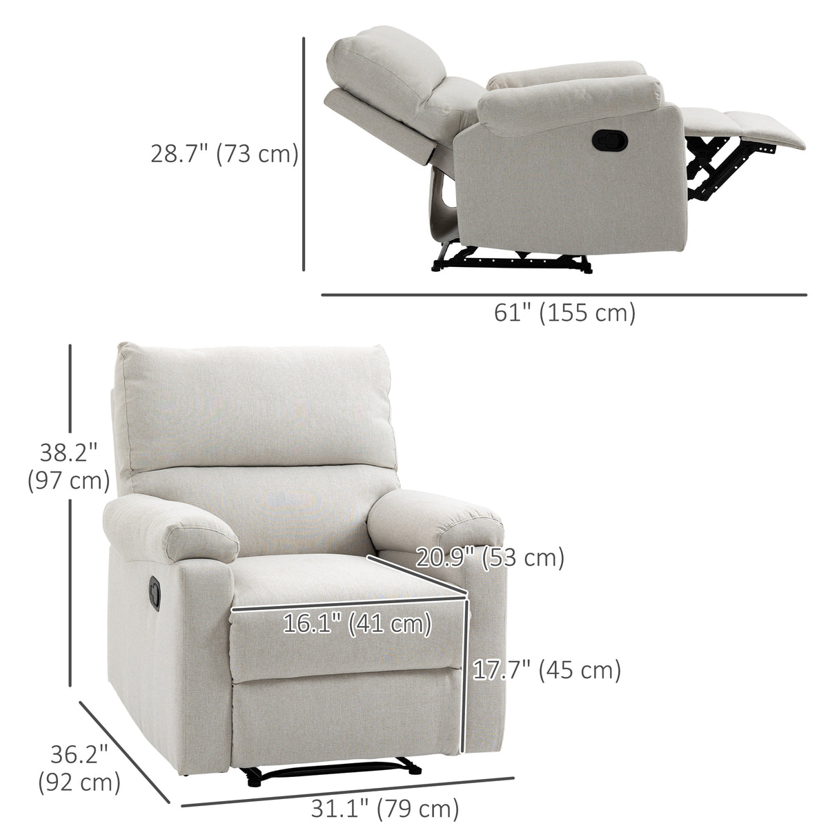Recliner Chair, Manual Reclining Chair with Footrest, Padded Seat for Living Room, Bedroom, Study, Dark Grey – view 9