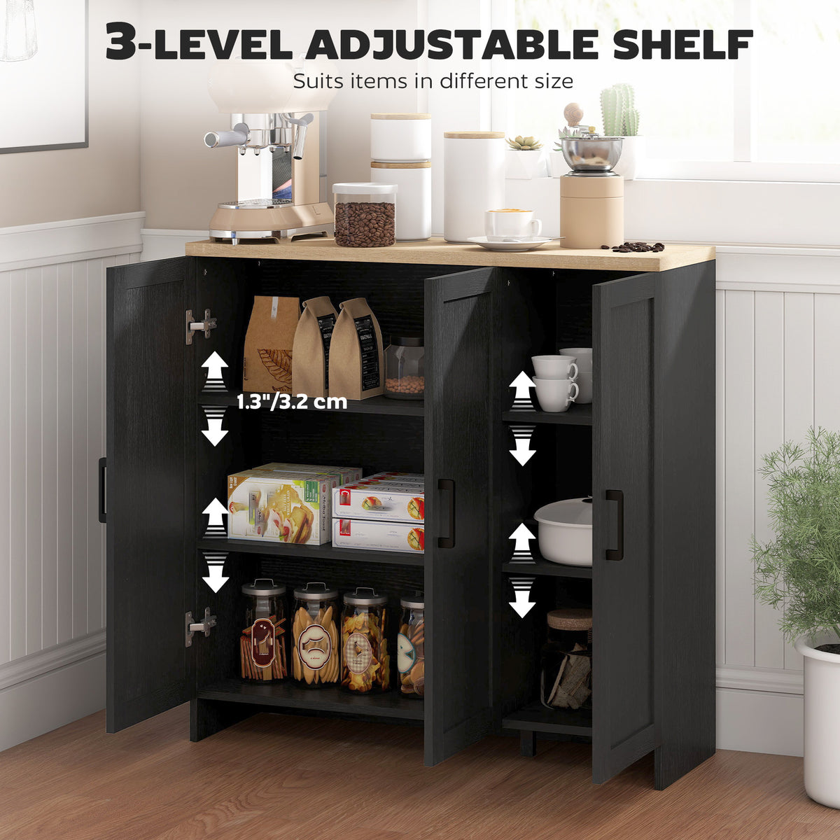 Modern Sideboard Buffet Cabinet, Modern Kitchen Storage Cabinet with 3 Doors Adjustable Shelves – view 4