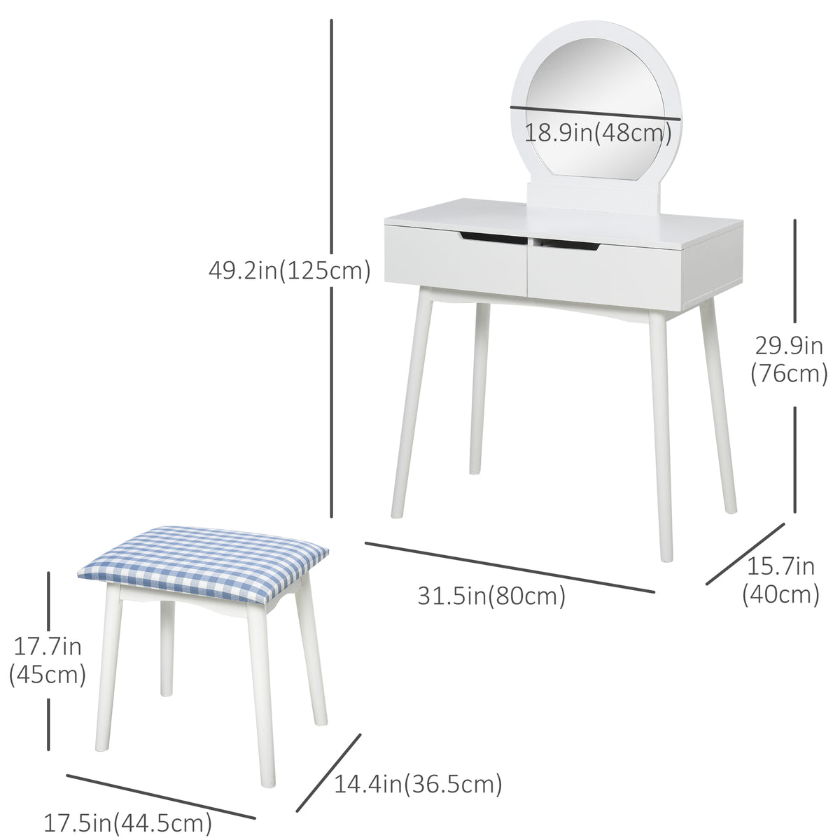 Makeup Vanity Desk with Round Mirror and 2 Drawers, Dressing Table with Cushioned Stool Set for Bedroom (White)