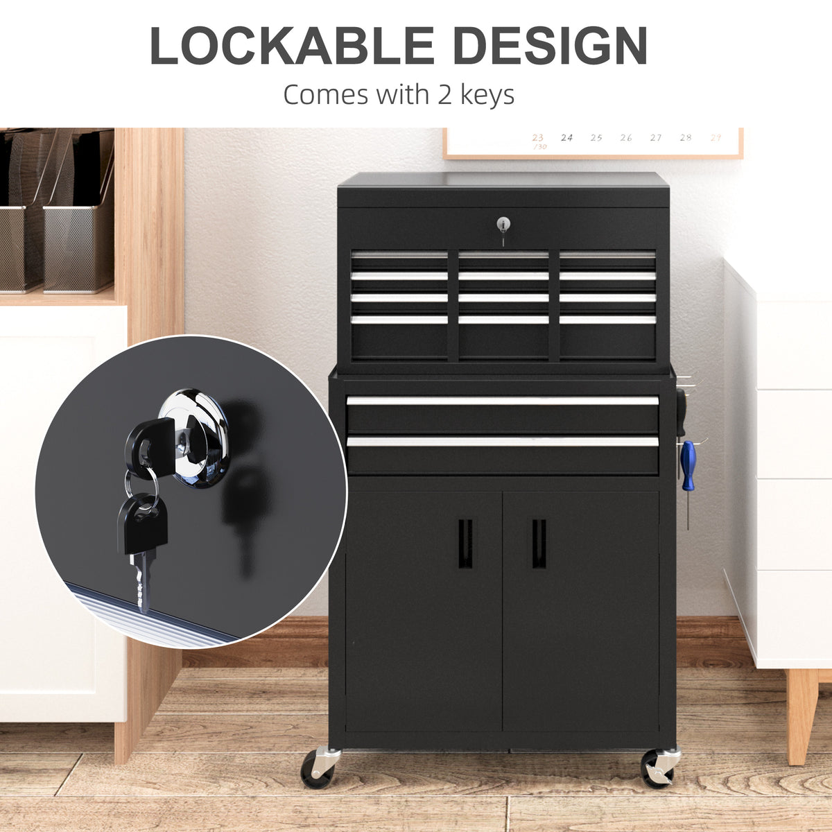 6-Drawer Rolling Tool Chest, 2 in 1 Lockable Storage Cabinet with Hooks, Metal Tool Box for Garage – view 5
