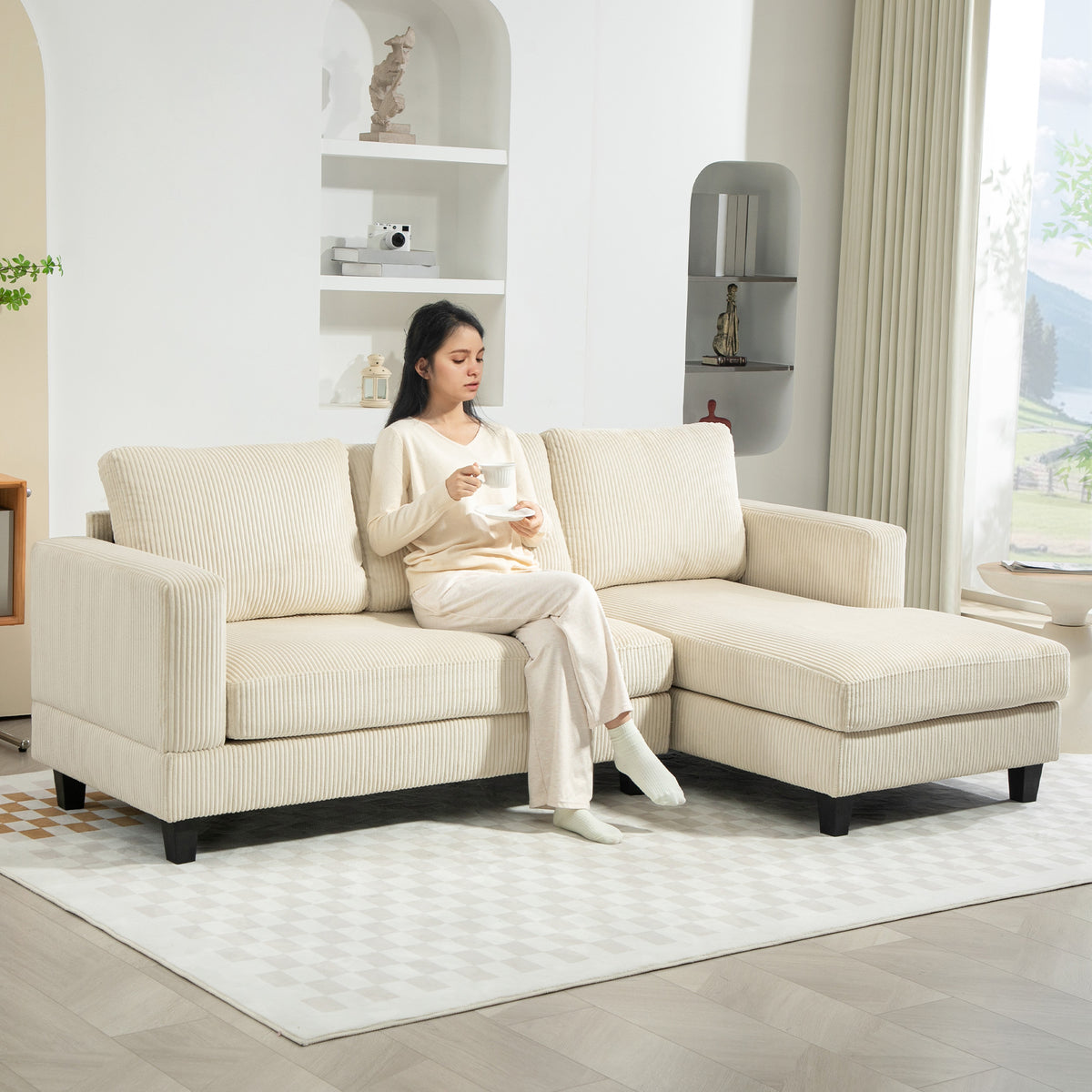 L Shaped Couch, L Shape Sofa with Chaise Lounge and Spring Cushion for Living Room, Bedroom, Beige – view 7