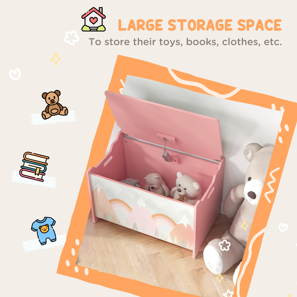 Qaba Toy Box, Kids Storage Chest with Lid, Safety Hinges and Groove Handles, Toy Storage Organizer with Mountain Pattern for Boys, Girls