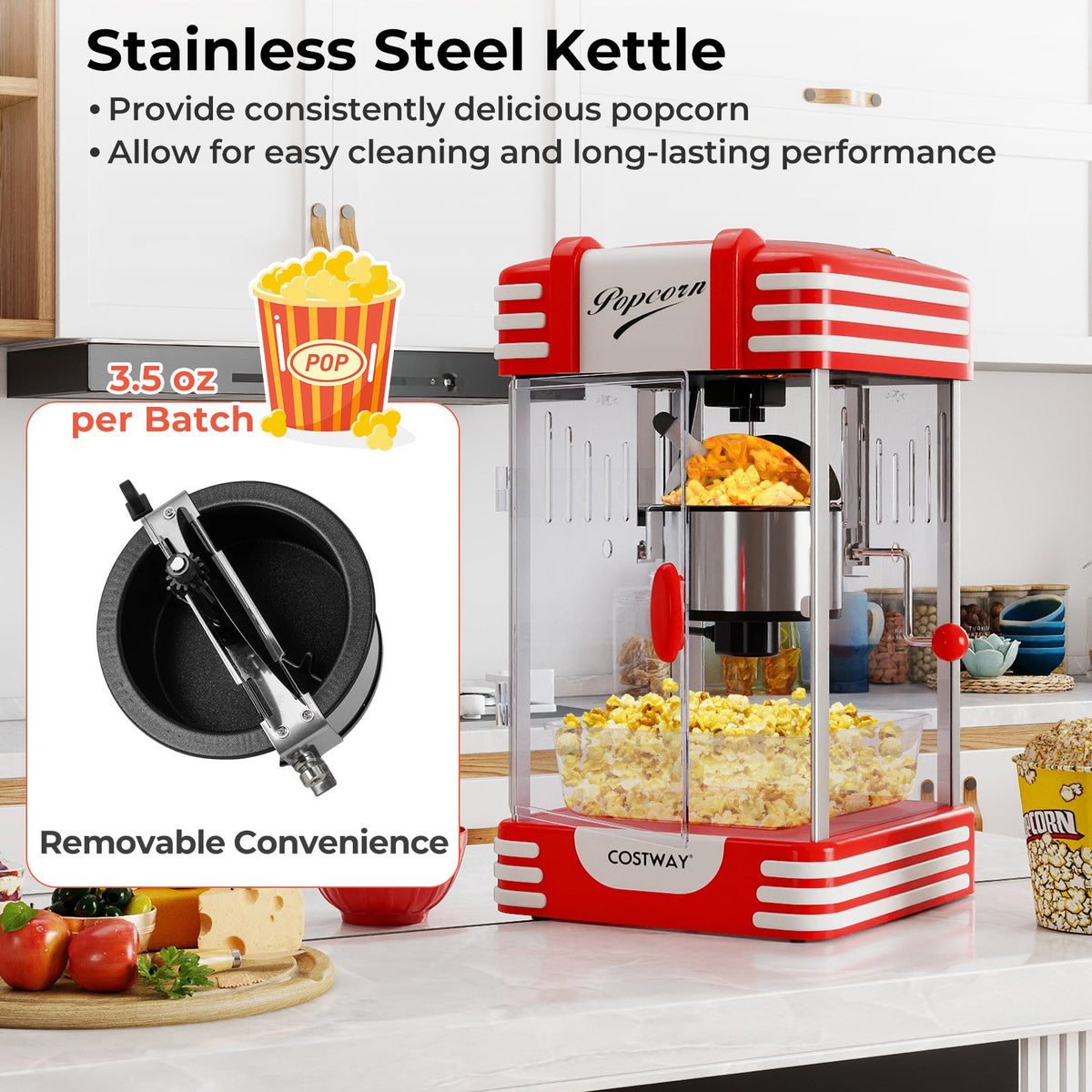 Theater Style Countertop Popcorn Maker with Stainless Steel Kettle-Red view 5