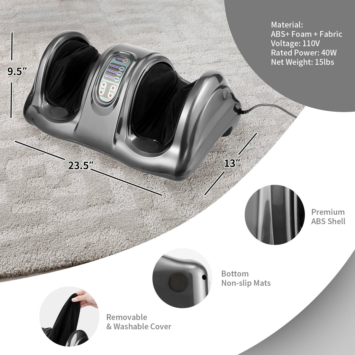 Therapeutic Shiatsu Foot Massager with High Intensity Rollers-Gray view 5