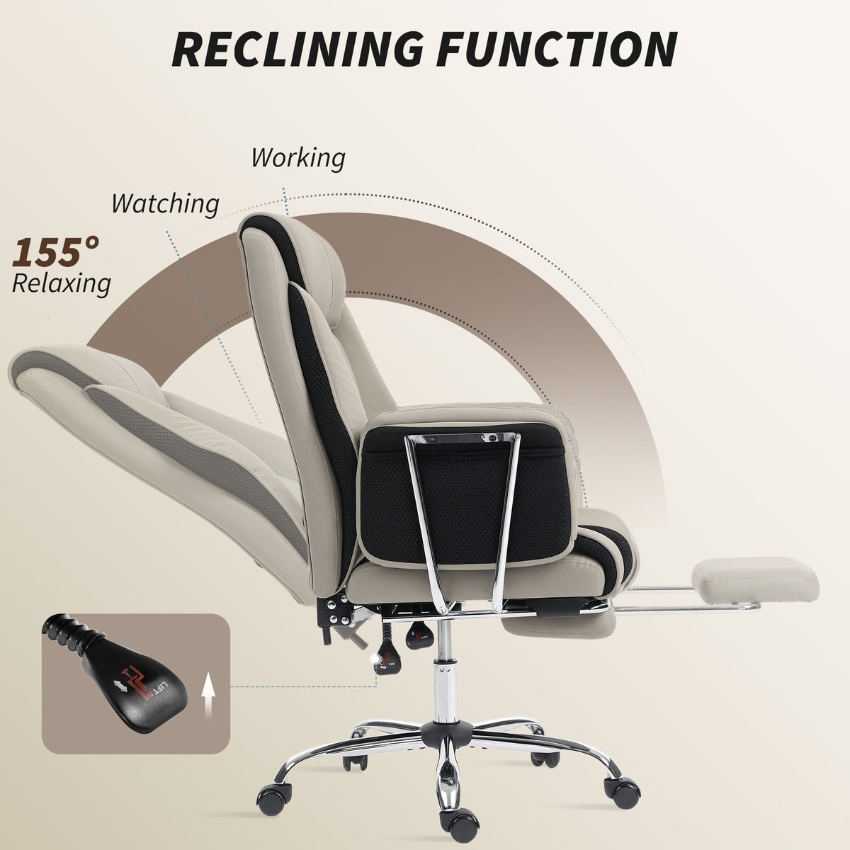 Reclining Office Chair, Overstuffed Executive Desk Chair with High Back, PU Leather, Footrest – view 12