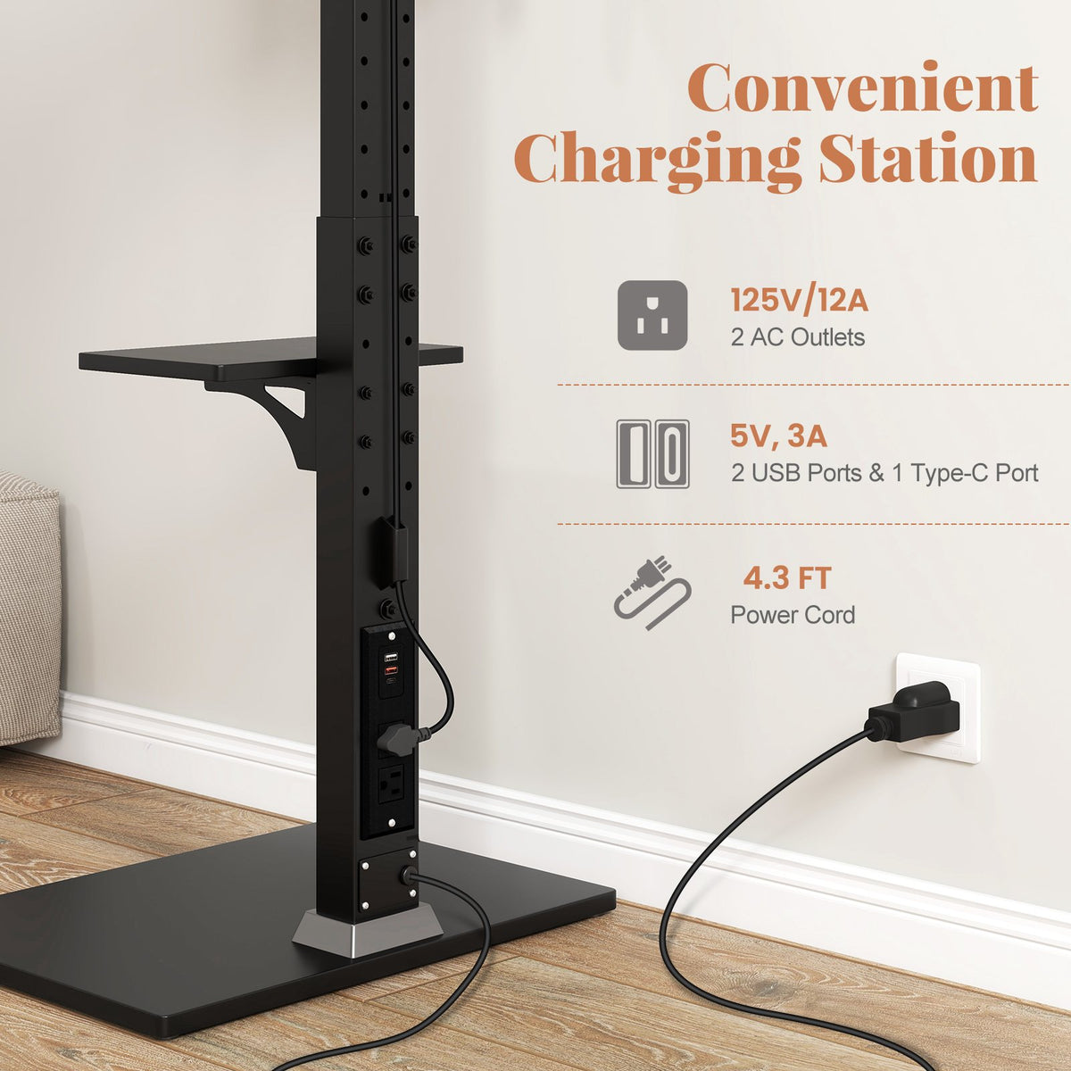 Tilt and Height Adjustable Floor TV Stand with Power Outlet and Adjustable AV Shelf view 9