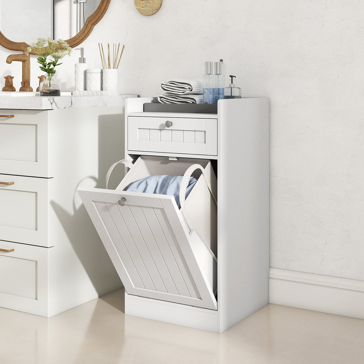 Tilt-Out Laundry Hamper Cabinet with Drawer and Removable Laundry Bag-White view 2