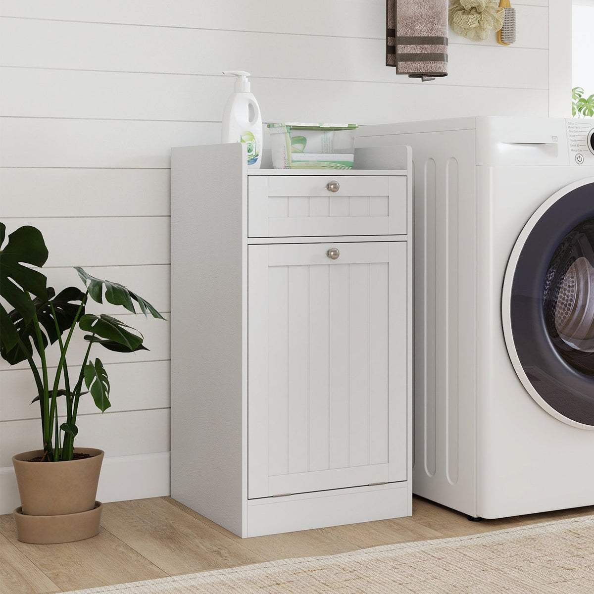 Tilt-Out Laundry Hamper Cabinet with Drawer and Removable Laundry Bag-White view 3