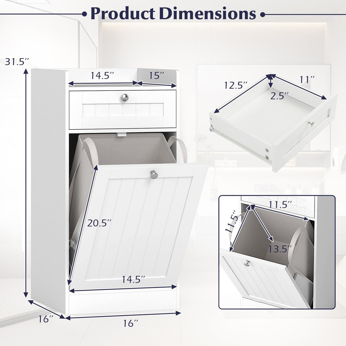 Tilt-Out Laundry Hamper Cabinet with Drawer and Removable Laundry Bag-White view 5
