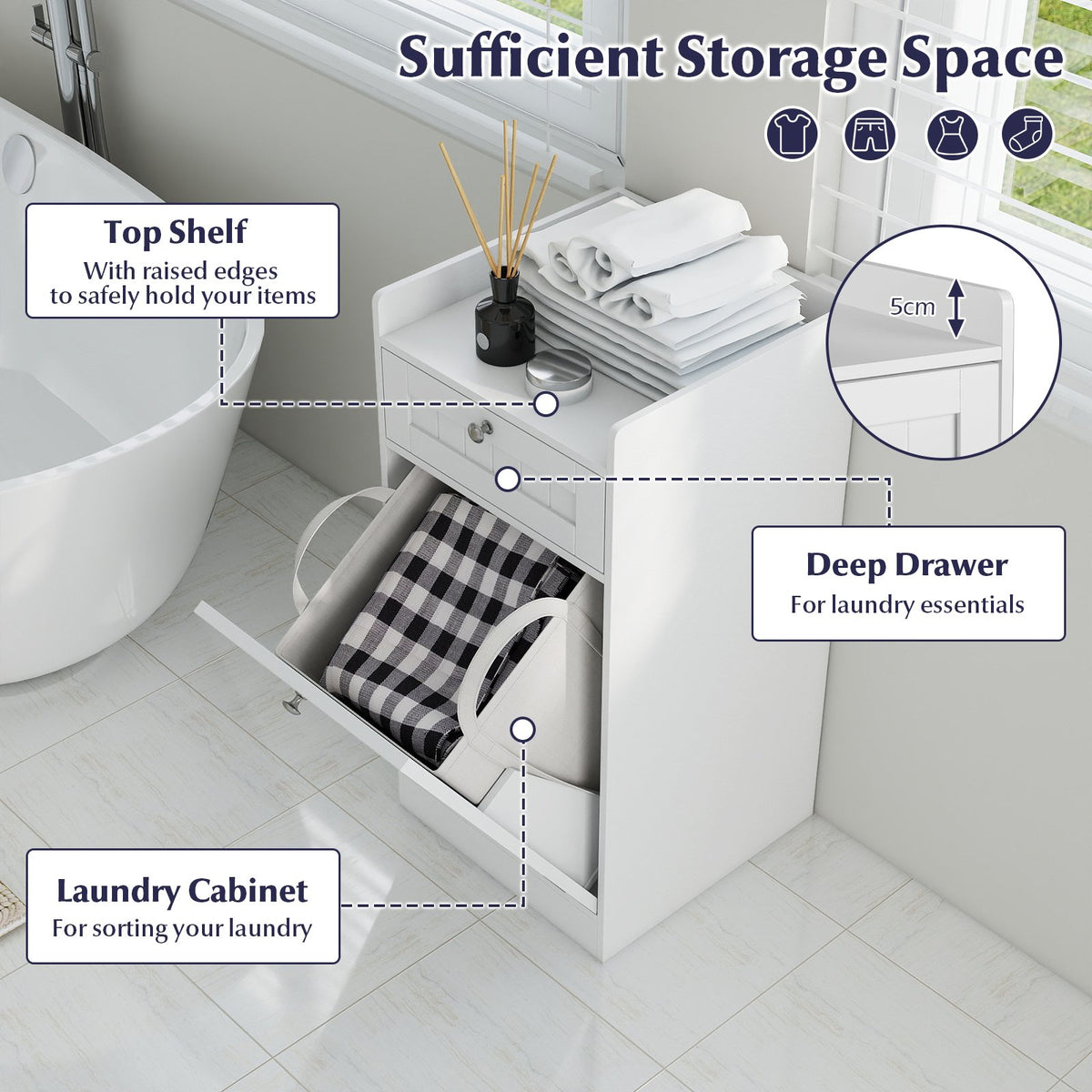 Tilt-Out Laundry Hamper Cabinet with Drawer and Removable Laundry Bag-White view 7