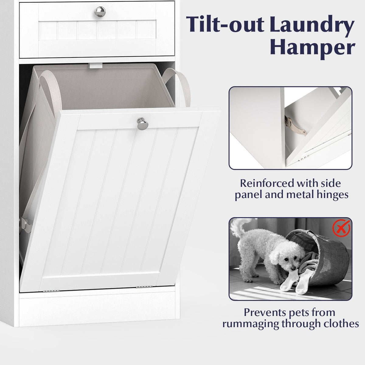 Tilt-Out Laundry Hamper Cabinet with Drawer and Removable Laundry Bag-White view 9