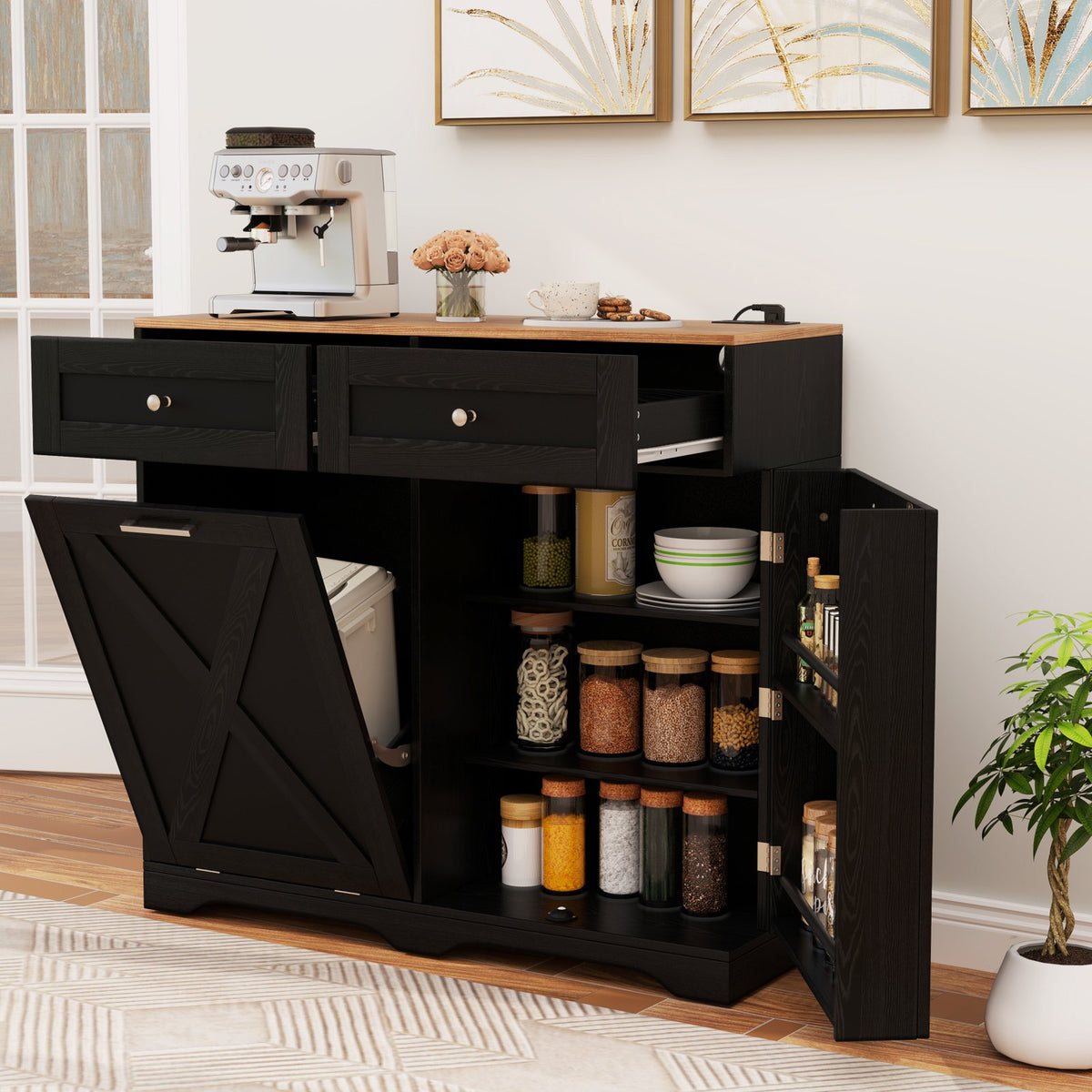 Tilt Out Trash Can Cabinet with Outlets and Adjustable Shelf-Black view 3