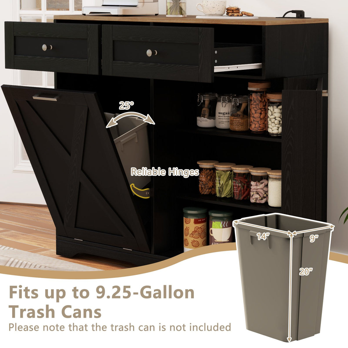 Tilt Out Trash Can Cabinet with Outlets and Adjustable Shelf-Black view 6