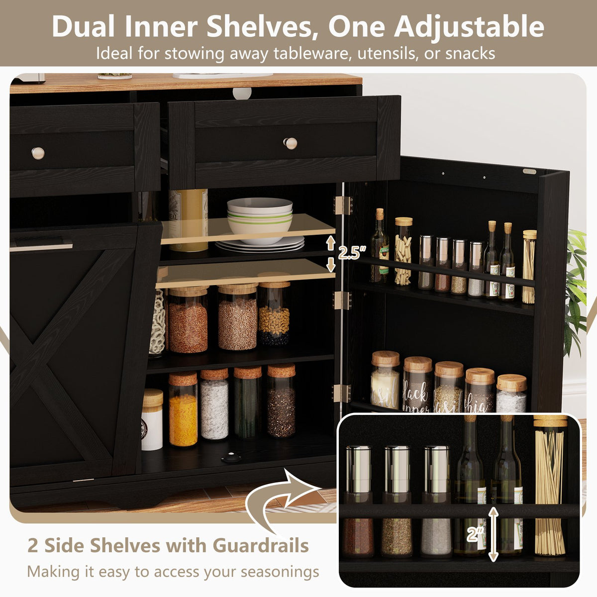 Tilt Out Trash Can Cabinet with Outlets and Adjustable Shelf-Black view 7
