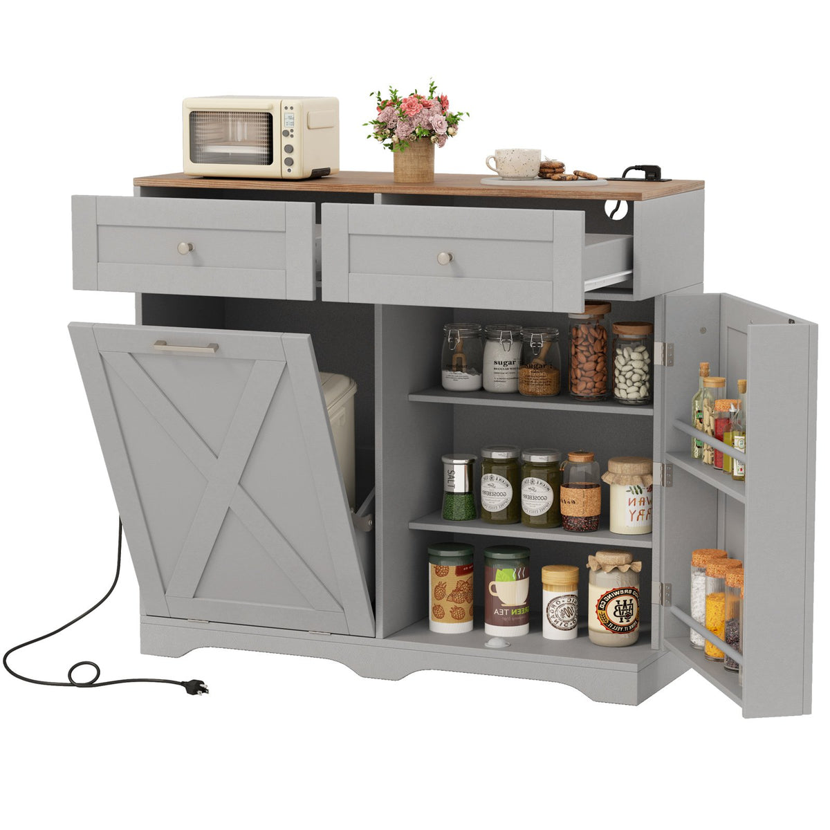 Tilt Out Trash Can Cabinet with Outlets and Adjustable Shelf-Gray