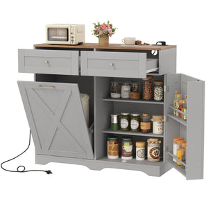 Tilt Out Trash Can Cabinet with Outlets and Adjustable Shelf-Gray