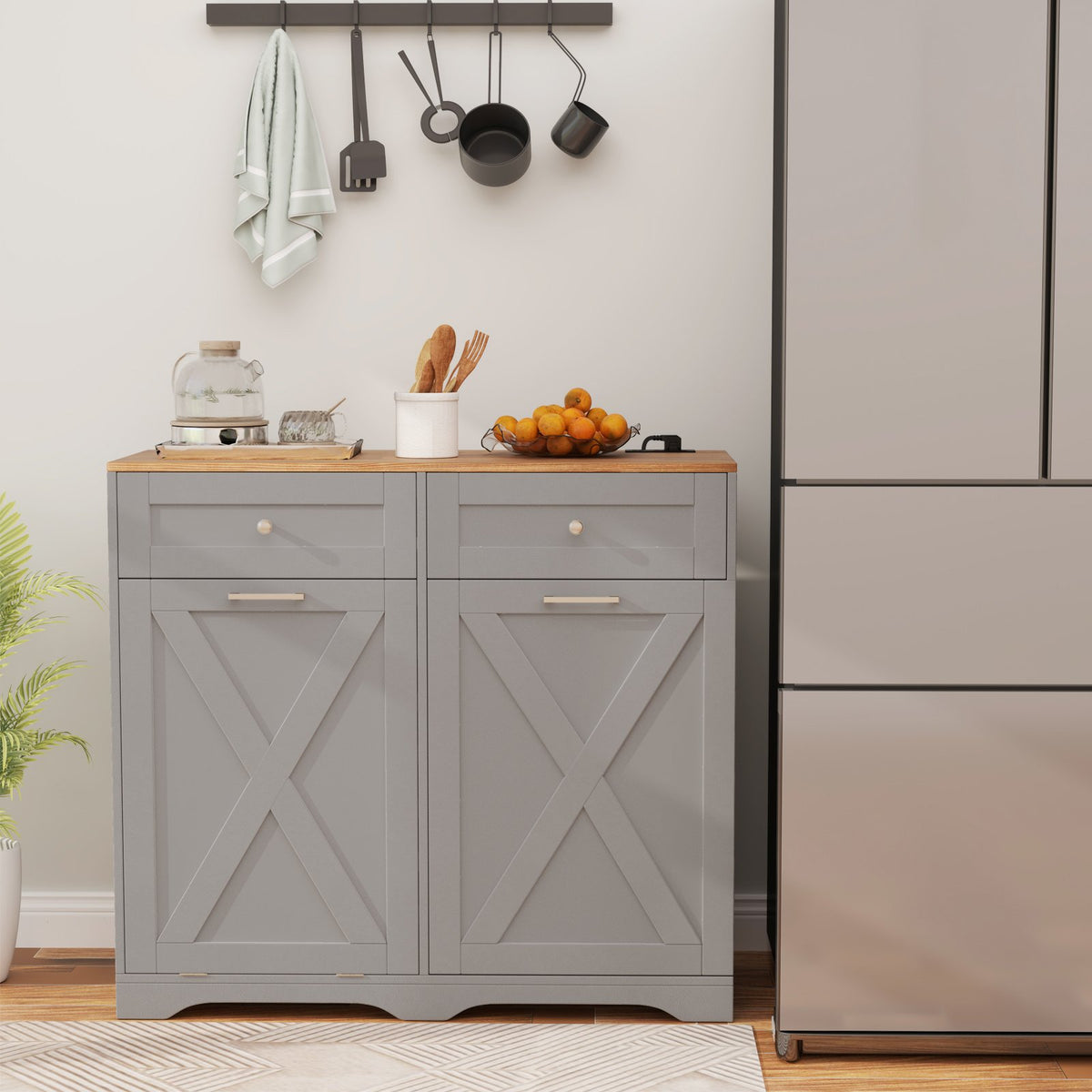 Tilt Out Trash Can Cabinet with Outlets and Adjustable Shelf-Gray view 2
