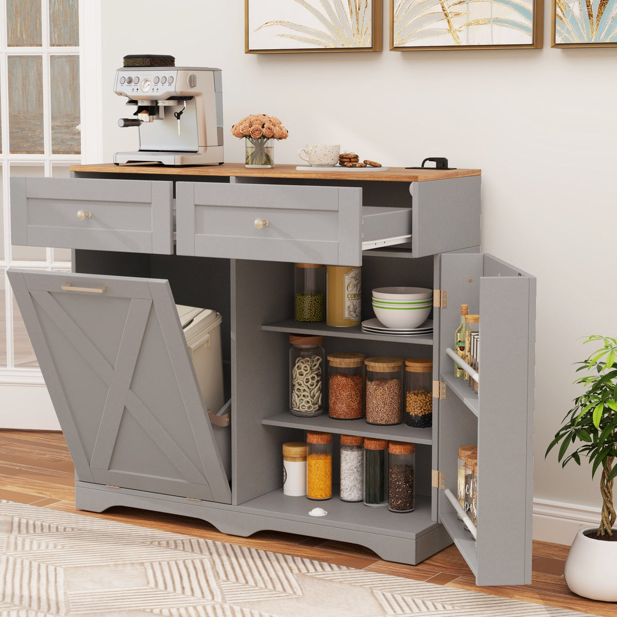 Tilt Out Trash Can Cabinet with Outlets and Adjustable Shelf-Gray view 3