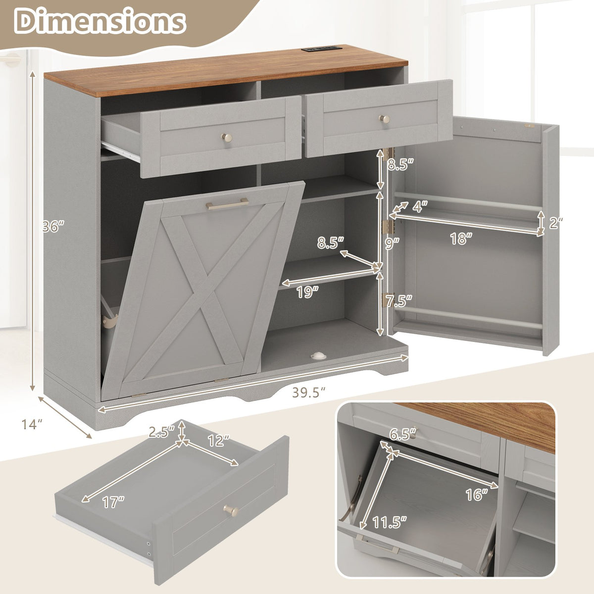 Tilt Out Trash Can Cabinet with Outlets and Adjustable Shelf-Gray view 5