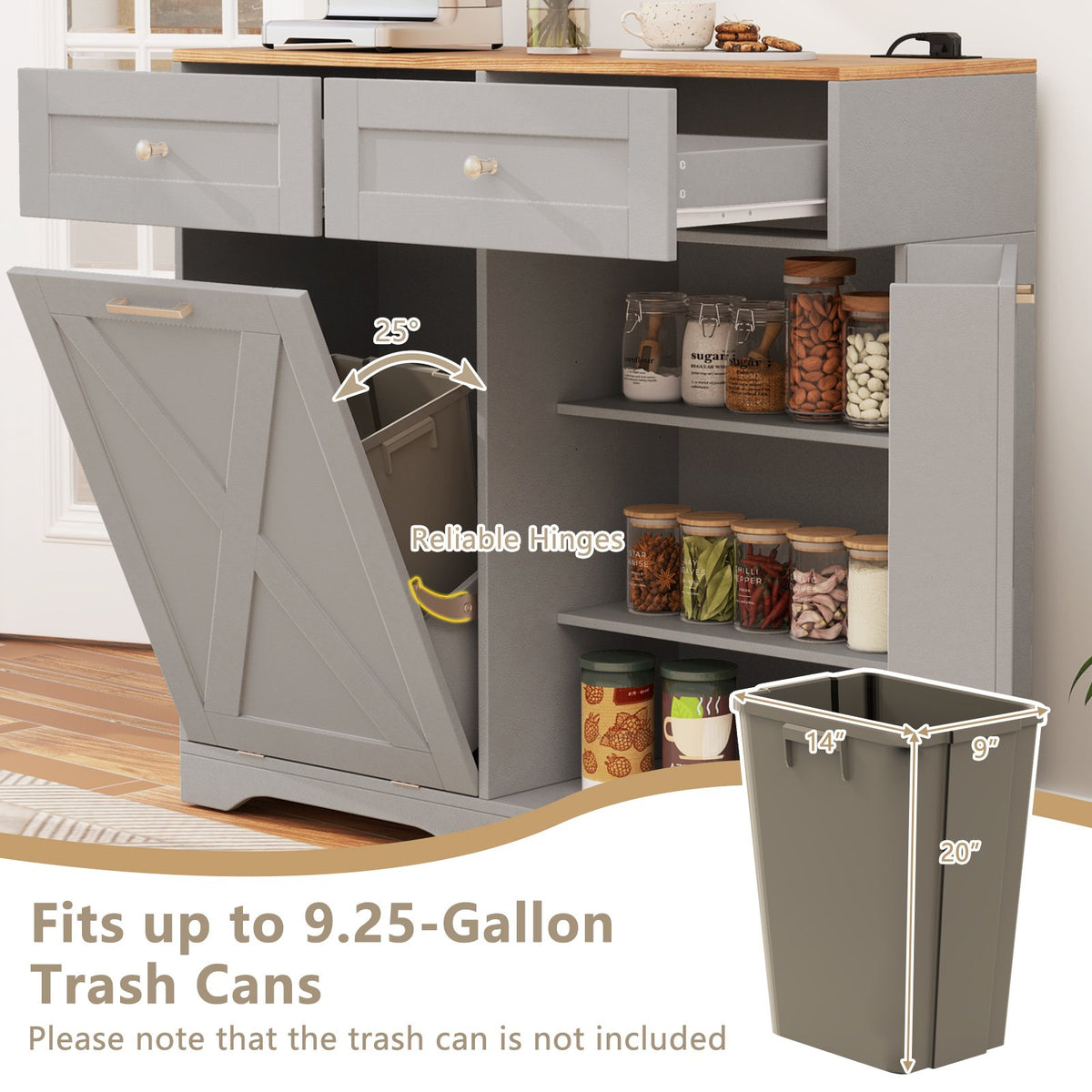 Tilt Out Trash Can Cabinet with Outlets and Adjustable Shelf-Gray view 6