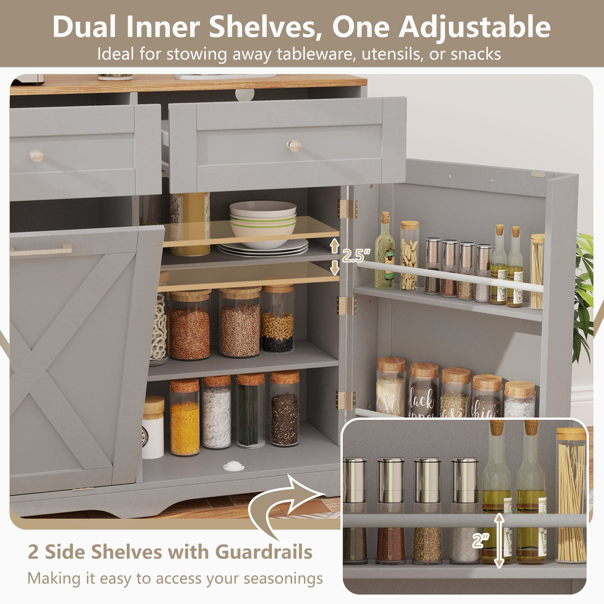 Tilt Out Trash Can Cabinet with Outlets and Adjustable Shelf-Gray view 7