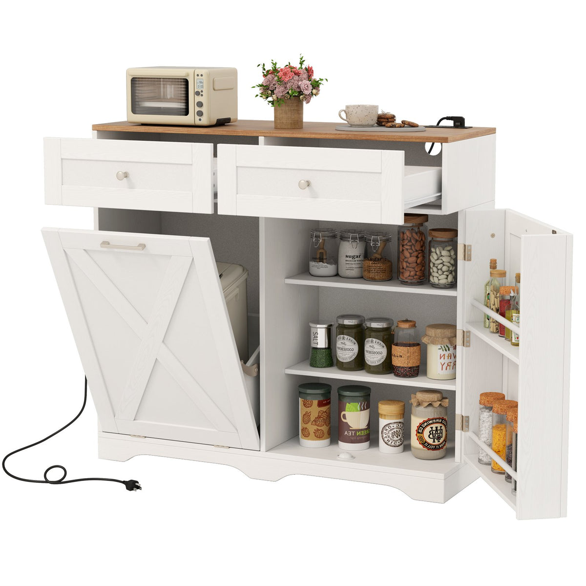 Tilt Out Trash Can Cabinet with Outlets and Adjustable Shelf-White