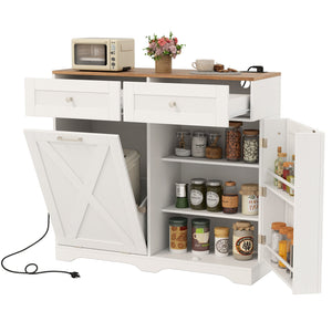 Tilt Out Trash Can Cabinet with Outlets and Adjustable Shelf-White