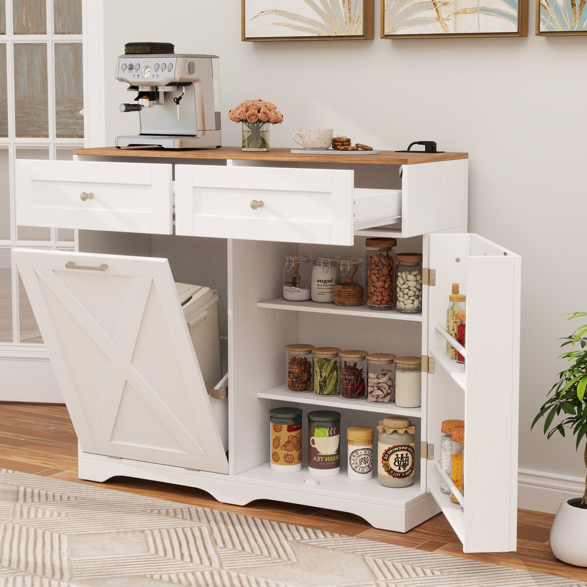 Tilt Out Trash Can Cabinet with Outlets and Adjustable Shelf-White view 3