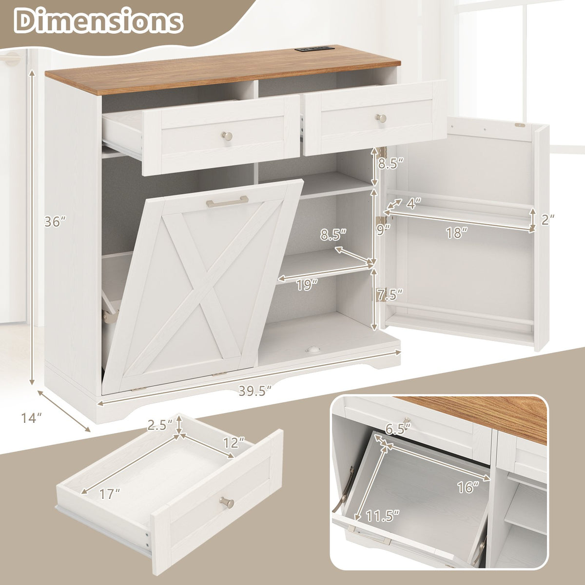 Tilt Out Trash Can Cabinet with Outlets and Adjustable Shelf-White view 5