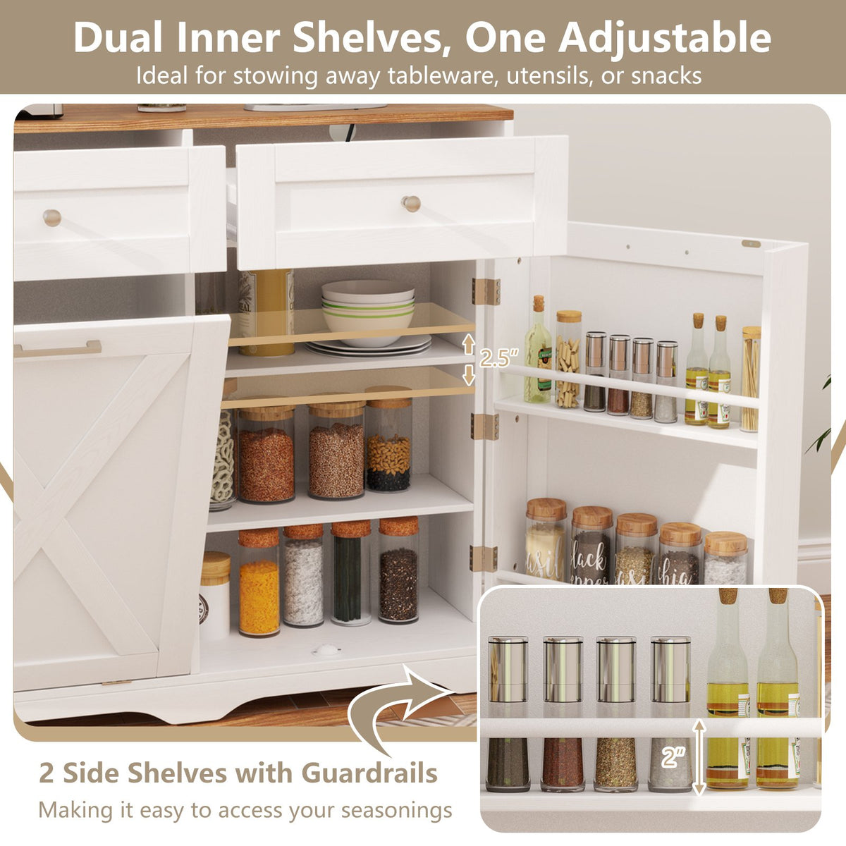 Tilt Out Trash Can Cabinet with Outlets and Adjustable Shelf-White view 7