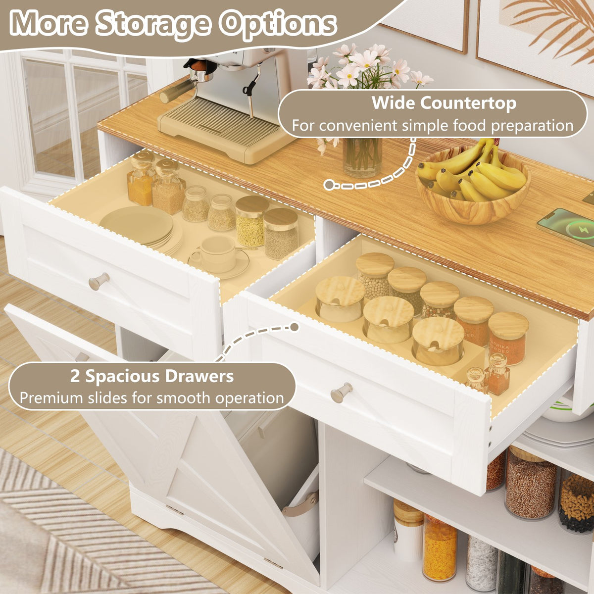 Tilt Out Trash Can Cabinet with Outlets and Adjustable Shelf-White view 8