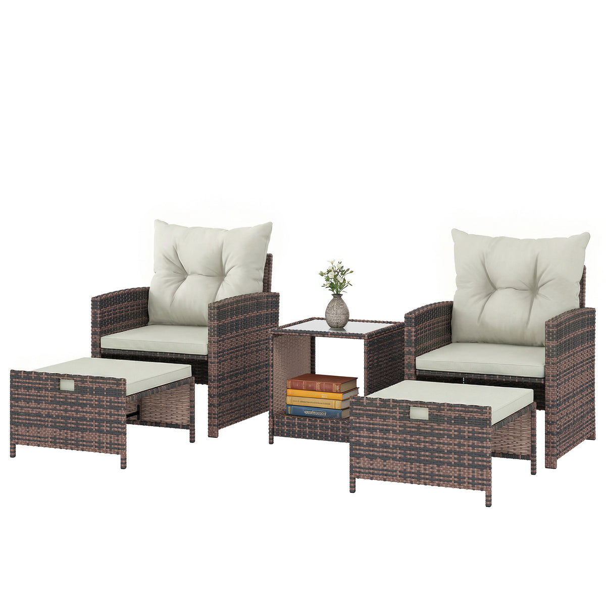 5 Piece Patio Furniture Set, Wicker Patio Chairs with Ottomans, 2-Tier Glass Coffee Table and Cushions – view 22