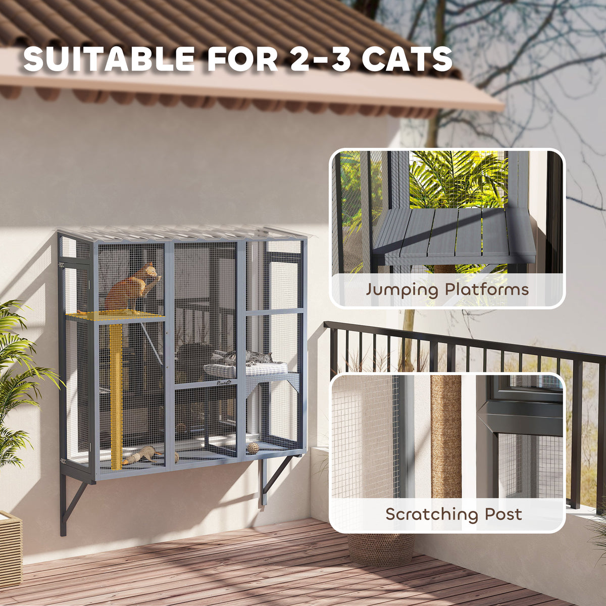 Wooden Catio Outdoor, Cat Window Box Enclosure for 2-3 Large Cats with 2 Jumping Platforms & Scratching – view 4