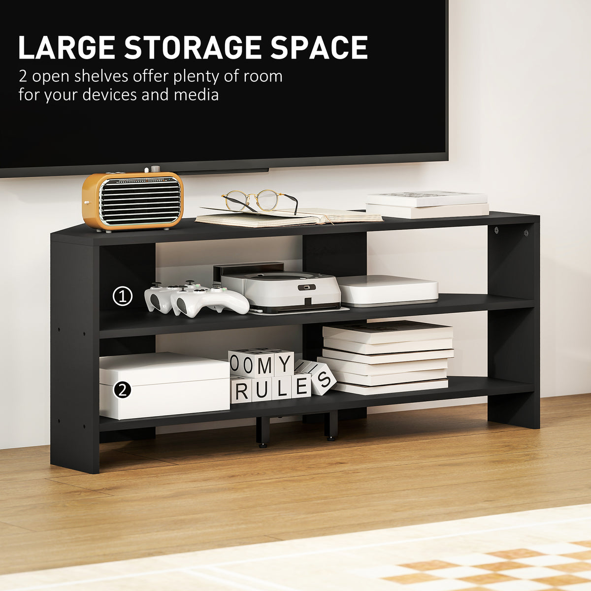 Corner TV Stand, Modern TV Table with 2 Open Shelves for 47 Inch TV, Entertainment Center for Living Room, Black