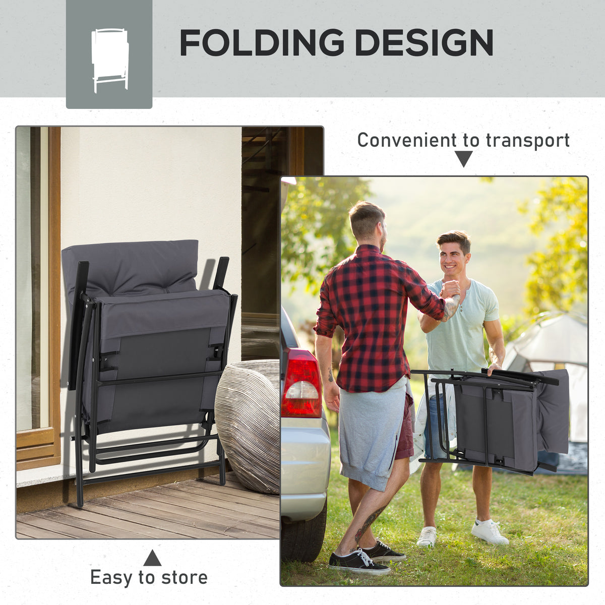 Set of 2 Outdoor Folding Chairs with Adjustable Backrest, Padded Camping Chairs for Outdoor Events, Grey – view 4