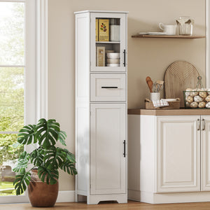 67" Tall Bathroom Storage Cabinet, Freestanding Narrow Bathroom Cabinet with Adjustable Shelves, Glass Door and Drawer