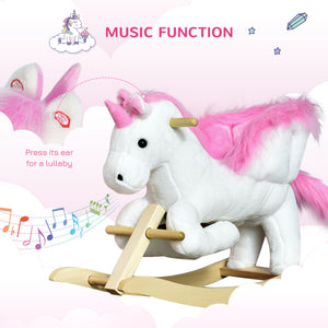 Qaba Baby Rocking Horse, Plush Animal Rocker for Toddlers Aged 18-36 Months, Stuffed Ride Toy with Sounds, Seat Belt, White and Pink